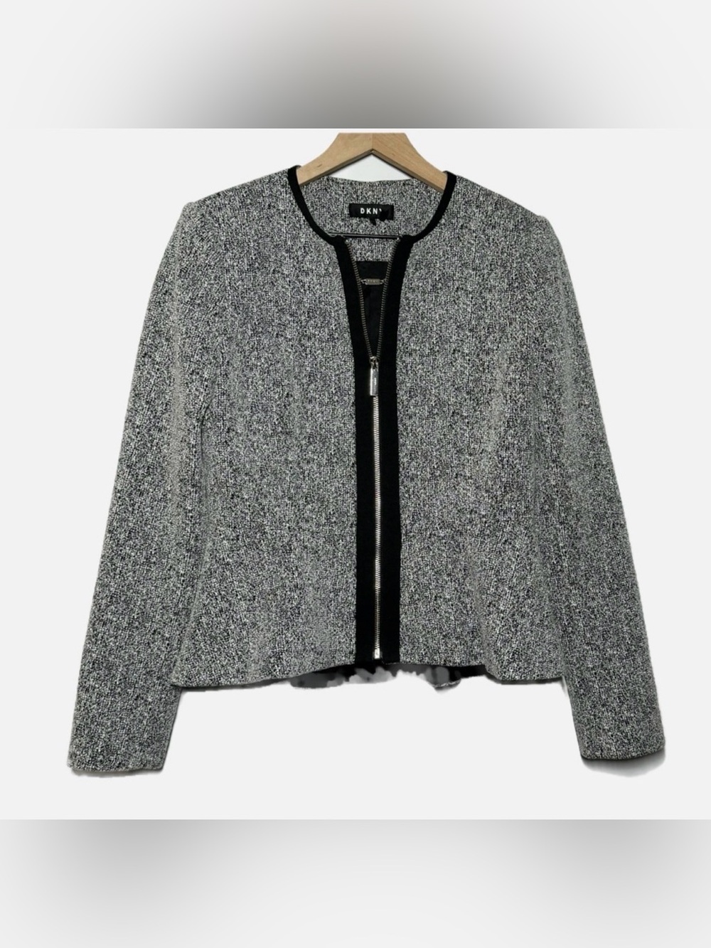 DKNY Gray Tweed Zip-Front Blazer with Black Trim